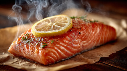 Pan - seared salmon with lemon & herbs, steaming gourmet cooking scene