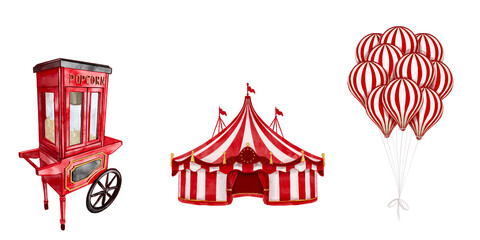 set of Watercolor illustration of a classic vintage circus tent decorated popcorn shop, booth, balloon,  festive bunting, carnival, greeting card hand drawn on transparent background. © 7nov.studio