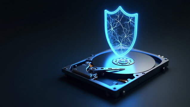 Digital shield protecting data on hard drive illustrating cybersecurity and data security concepts