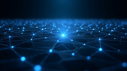 Abstract glowing blue digital network grid with interconnected nodes and lines on a dark background