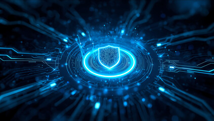 Glowing blue digital shield symbol at the center of a futuristic abstract network of circuits and light