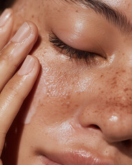 Fototapeta premium close up of a woman applying cream on her face, skincare and wellness