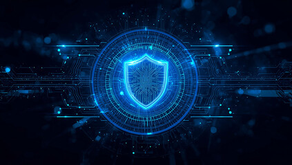Futuristic glowing blue digital shield emblem representing cybersecurity and data protection in a dark technological network