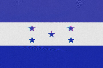 An artistic rendition of a national flag, featuring textured blue bands and a central white stripe adorned with five stylized stars, evoking a sense of national pride and artistic