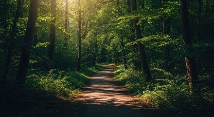 Obraz premium Sunlit forest path. Lush greenery lines a pathway through a dense wood, dappled with sunlight
