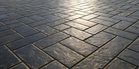 Gray slate paving stones with natural texture arranged in herringbone pattern, illuminated by warm sunlight creating shadow contrasts.