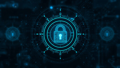 Futuristic digital padlock icon symbolizing cybersecurity and data protection in a dark tech environment
