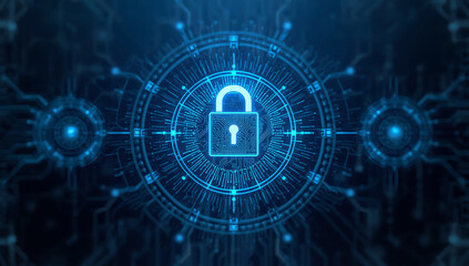 Digital padlock icon glowing with blue light on a dark technological background symbolizing cybersecurity and data protection