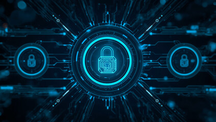 Futuristic digital lock security system with glowing blue circuits and data streams