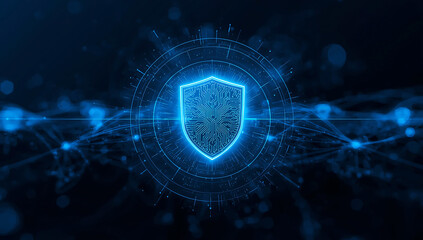 Glowing blue digital shield emblem representing cybersecurity and data protection in a futuristic network