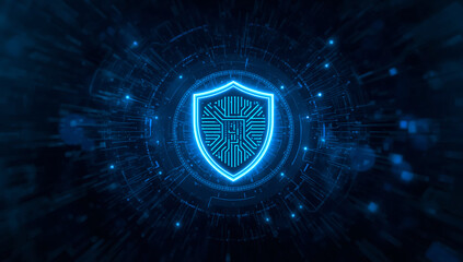 Glowing blue digital shield emblem representing cybersecurity and data protection in a futuristic network