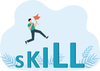 Businessman looking to carry ladder cross to skill word with challenge concept
