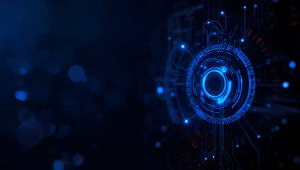 Abstract glowing blue digital interface with futuristic circular technology and data streams on a dark background