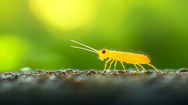 Tiny orange springtail insect with long antennae on textured surface with blurred green background