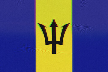 A stylized flag featuring vertical bands of deep blue and vibrant yellow, centrally focused with a black trident emblem, rendered with a textured, glitch art aesthetic that has a