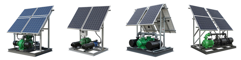 Fototapeta premium Solar powered water pump system with large solar panels and green pump motor for sustainable energy use and efficient water management