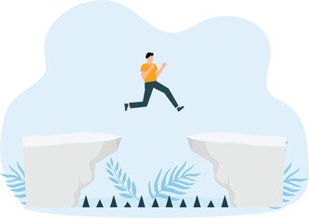 Businessman crossing over mountain on tiny rope ,Overcoming High Risk Barriers concept


