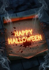 Obraz premium Eerie Halloween parchment scroll with glowing text amidst smoky atmosphere and blood splatters