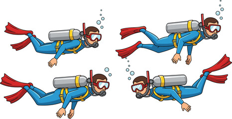 Scuba diving cartoon, underwater diver illustration, ocean exploration scene, red flippers gear, man swimming in wetsuit, snorkeling vector design, scuba adventure activity clipart © Hello World