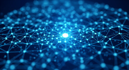 Abstract blue network graphic, glowing nodes connected by lines, illustrating global connection, technology, and data flow