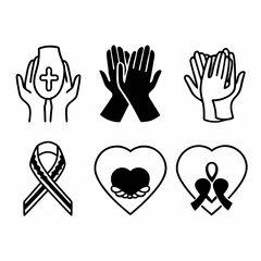 Collection of hand and heart icons with ribbons and crosses representing charity, support, and awareness isolated on white background