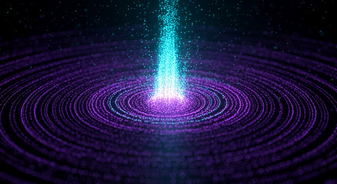 Abstract image of purple and teal particles forming concentric circles, a central column of light, showcasing a dynamic and energetic concept ideal for technology or science backgrounds