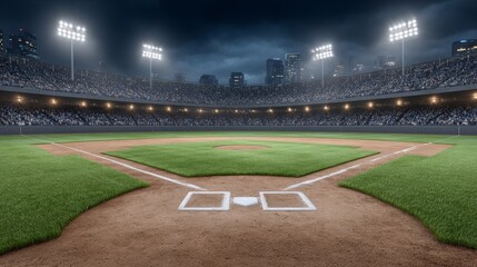 Nighttime baseball game at the stadium illuminated field under bright floodlights