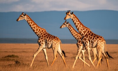 Three giraffes gracefully walking across a golden savanna