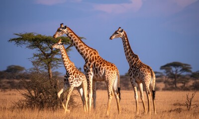 Three giraffes in a savanna landscape at sunrise