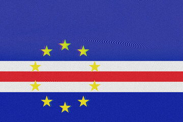 A digital art rendering of the Cape Verde flag in a vibrant, modern style, featuring horizontal bands of blue, white, and red, accented by a circle of yellow stars with a textured,