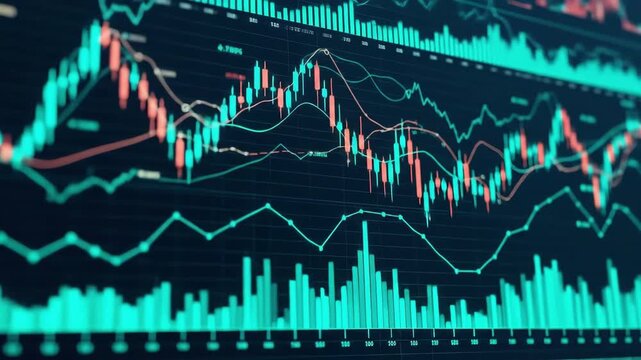Dynamic financial graphs illustrate market fluctuations Teal and red lines chart complex data trends Analysis and visualization of investments shown on a dark screen - Powered by Adobe