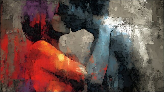 abstract painting of couple embracing and kissing