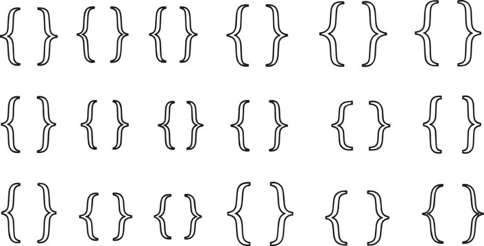 Isolated a kinds of deferent Bracket, braces, parenthes vector set, Diverse curly bracket styles for design, coding, and typography. Ideal symbol for software, graphic design vector art.