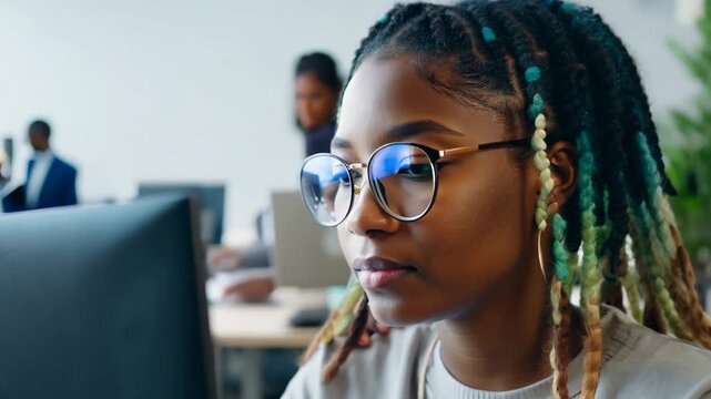 Young African American woman with multi colored dread locks in front of laptop monitor in office. Focused and poised, she reviews documents on her laptop in a contemporary office setting.