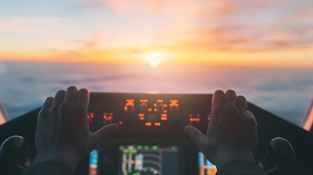 Pilot s hands on yoke flying through sunset clouds