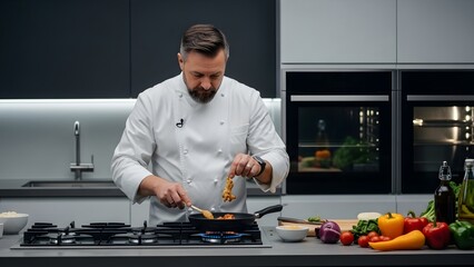 Skilled chef expertly preparing delicious meal in modern professional kitchen, showcasing culinary passion and fresh ingredients for gourmet dining experience