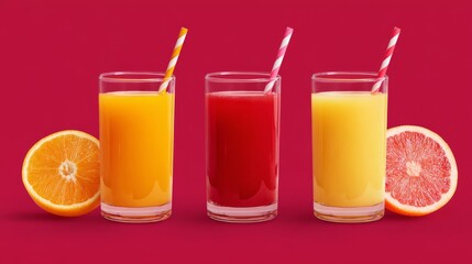 Vibrant display of refreshing juices on a red background. Three glasses filled with orange and pink drinks create a lively atmosphere. Perfect for summer or health themes. AI
