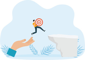 Human hand supporting walking businessman holding target between gap and giving the chance of development and success concept

