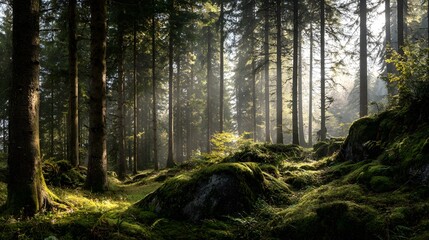 Obraz premium Sunlight filters through the dense forest, illuminating a mossy forest floor strewn with large rocks.