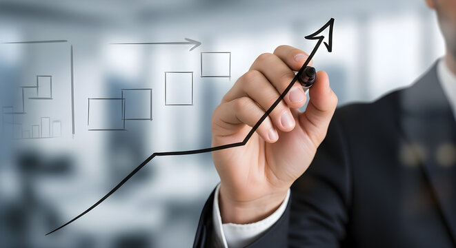 Businessmans hand drawing a black upward arrow on a glass board symbolizing growth and success.