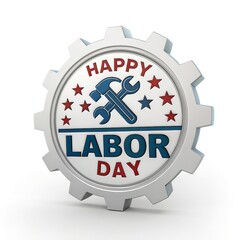 Labor Day gear wheel badge with hammer and wrench inside, 3D isolated PNG on white background