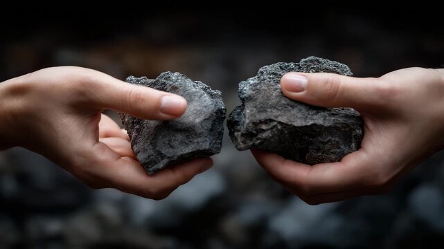 Two hands holding two rocks. One of the rocks is broken. The other rock is whole. Two hands pulling coal piece apart, conceptual symbolic resource conflict, geopolitical scarcity, dark neutral tones