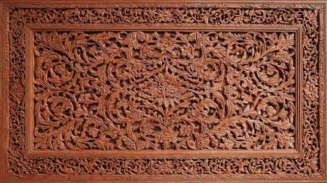 A beautifully carved teak wood panel featuring traditional Malay floral patterns along the edges.