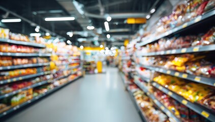 Blurred Supermarket Shelves Background with Bright Lights, Panoramic View, Ample Space for Design and Banner