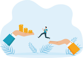 Businessman jumping over chasm between coin growth on hand . Business concept

