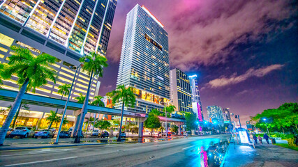 Downtown Miami buildings and skyscrapers at night from Biscayne Boulevard
