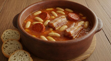 Hearty bean stew with chorizo and pork served in earthenware bowl on wooden table