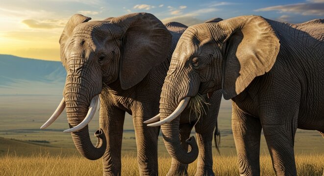 Two elephants graze in golden savanna sunset - Powered by Adobe