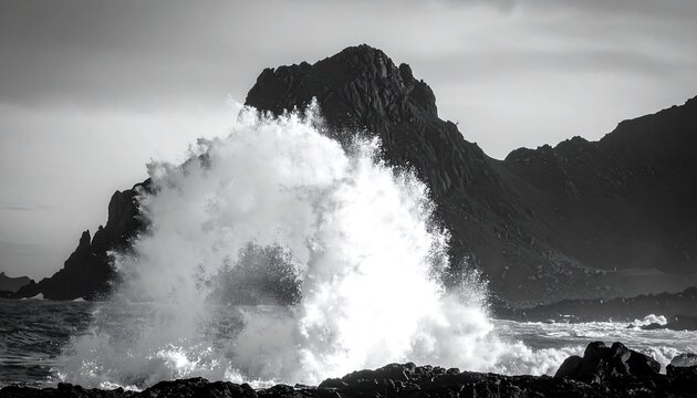 Powerful waves crashing against a rocky shore
