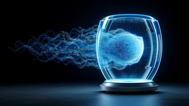 Futuristic Digital Shield:  Cybersecurity Concept, Abstract Data Flow, Glowing Blue, 3D Render.